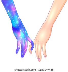 Two women holding hands isolated vector illustration. Valentine's Day card design. Magic, occult sign for textile and fabric, t-shirt, pin and sticker. One hand with galaxy inside holding human palm
