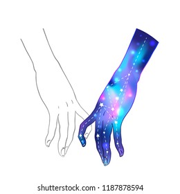 Two women holding hands isolated vector illustration. Valentine's Day card design. Magic, occult sign for textile and fabric, t-shirt, pin and sticker. One hand with galaxy inside holding human palm
