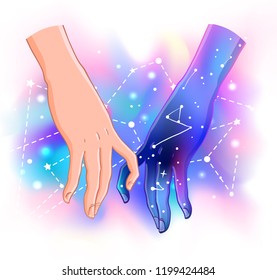 Two women holding hands isolated vector illustration. Valentine's Day card design. Magic, occult sign for textile and fabric, t-shirt, pin and sticker. One hand with galaxy inside holding human palm
