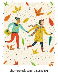 Two women holding hands surrounded by over-sized Autumn Leaves