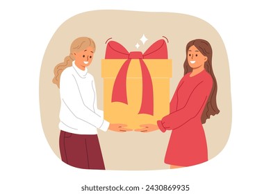 Two women are holding large gift box with red bow, rushing to congratulate hero of day on birthday. Cheerful friends have prepared gift for winner of repost contest on social networks