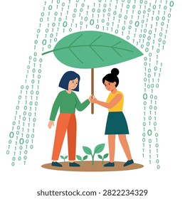 Two women holding a large leaf as an umbrella to protect small plants from a rain of binary code
