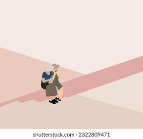 Two women holding shopping bags sitting on stairs at the shopping district of a city. Friend Outdoor fashion. Pink background