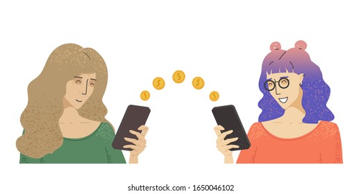 Two women holds a phone and falling money transferred to an online account. Gold coins pennies fall to another account on the phone. Vector flat cartoon illustration. Mobile payment transfer. Smiling