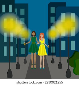 Two women with hot drinks in their hands, walking through the evening city, between the lanterns. Vector