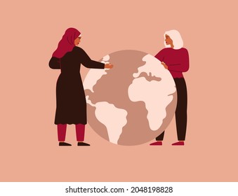 Two women hug big planet Earth with love and care. Arabian and Caucasian girls stand near Globe. Concept of the female empowerment movement and Environment conservation. Vector illustration