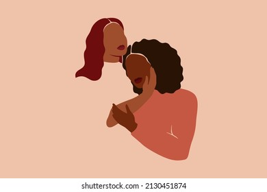 Dos mujeres se abrazan y se preocupan unas por otras. Muchachas fuertes y valientes juntas en el amor. Amistad entre hermandad multirracial y mujeres. Ilustración del vector