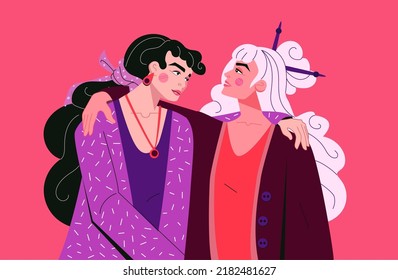 Two women hug. Friends embrace. Happy girls portrait. International Woman's Day. Ladies care and support. Sisterhood helping hands. Female solidarity. Feminine vote. Vector cartoon card