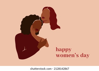 Two women hug and support each other. Womens day card with Strong and brave girls. Sisterhood and females friendship. Vector illustration