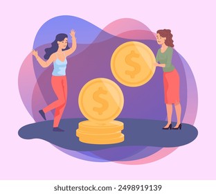 Two women with huge gold coins. Female cartoon characters getting profit from investments flat vector illustration. Finance, money, investment concept for banner or landing page