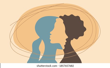 Two women hugging each other - white and black girls silhouettes in love - vector conceptual illustration