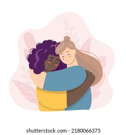 Two women are hugging. Support concept. Help, friendship and compassion, depression illustration. Family crisis.