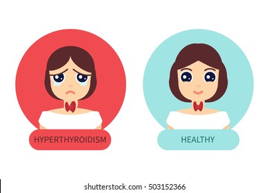 Two women with hyperthyroid and normal gland made in cartoon style. Hyperthyroidism symbol. Thyroid diagram sign. Medical concept. Anatomy of people.  