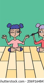two women illustration in yoga class, in the meditation moment when their minds get distracted because one of them is cleaning the ear with a chopstick