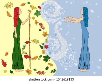 Two women in the image of autumn and winter. Autumn leaf fall, snowy blizzard. Meeting of autumn and winter. Vector illustration