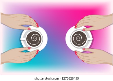 Two women informal meeting for a cup of coffee, friendship concept, women's day card, top view, bright gradient background, vector illustration