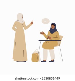 Two women interacting in classroom setting in flat vector illustration symbolizing education, teaching, and communication, isolated on white background.