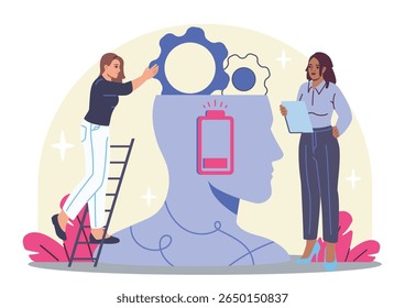 Two women interacting with a giant human head, one adjusting gears inside, the other holding a clipboard, on a light background. Concept of mental health care. Vector illustration