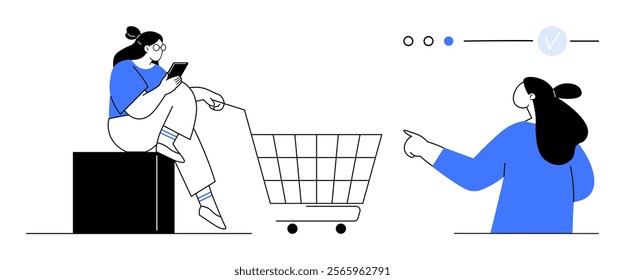 Two women interacting in a minimalistic vector art style setting. One uses a phone near a shopping cart while the other points to an item. Ideal for e-commerce, online shopping, customer interaction