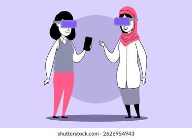 Duas mulheres interagindo enquanto usam headsets de realidade virtual. Uma mulher segurando smartphone, enquanto outros gestos, mostrando interesse em tecnologia