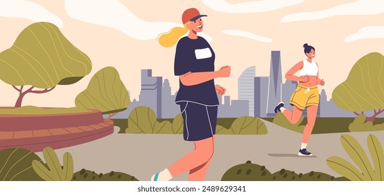 Two Women Jogging And Enjoying A Sunny Day In A City Park Background With Trees, Greenery And Skyscrapers