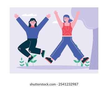 Two women are jumping excited together, positive friendship vibe. Design character. Vector flat illustration