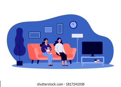 Two women and kid watching TV. Gay parents, friends, mother with baby flat vector illustration. Family, friendship, home concept for banner, website design or landing web page