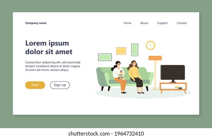 Two women and kid watching TV. Gay parents, friends, mother with baby flat vector illustration. Family, friendship, home concept for banner, website design or landing web page