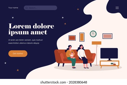 Two women and kid watching TV. Gay parents, friends, mother with baby flat vector illustration. Family, friendship, home concept for banner, website design or landing web page
