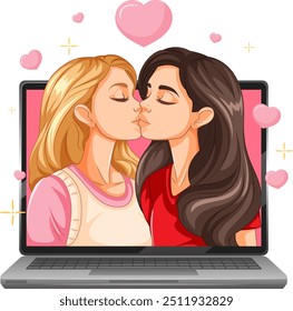 Duas mulheres se beijando em uma tela de laptop