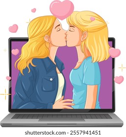 Two women kissing through a laptop screen