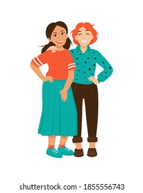 Two women laugh. Best friends in full growth on an isolated background.
