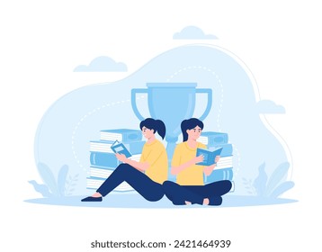 two women learn to read a book trending concept flat illustration