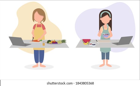 Two women are learning to cook from a video on their laptop. They spend the weekend indoors.