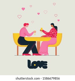 Two women lesbian have a date in restaurant interior, drinking wine, fall in love