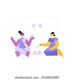 Two Women Lighting Diwali Lamps In Flat Vector Illustration Symbolizing Festival, Tradition, And Celebration, Isolated On White Background