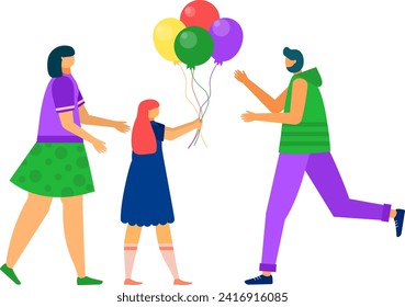 Two women and a little girl with balloons, happy family celebrating. Mother, daughter, and aunt enjoying a party time. Family celebration and happiness concept vector illustration.