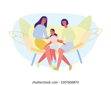 Two Women and Little Happy Girl Sit on Yellow Park Bench. Rest in Park. Vector Illustration. Family Meetings. Family Spends Time Together. People in Summer Clothes at Park Area. Three Generations.