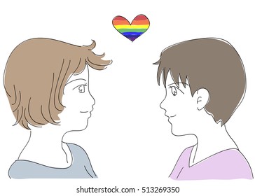 two women look at each other / lesbian couple with rainbow heart pastel color drawing  