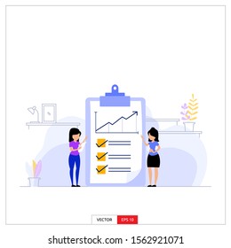 two women are looking at increasing statistics on the clipboard. Vector illustration flat design style.