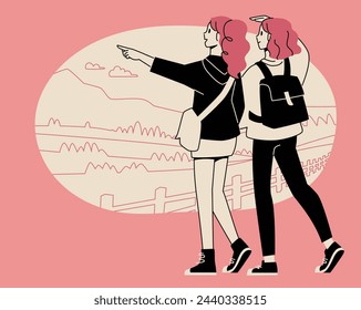 Two women looking at the spectacular view of mountains and hills