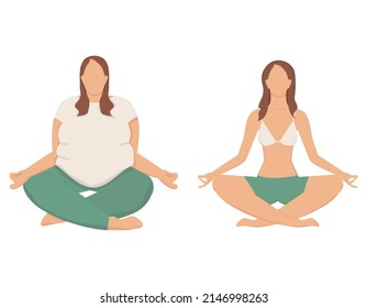 Two women in the lotus pose practicing yoga. Weight loss concept. Healthy lifestyle. Vector illustration