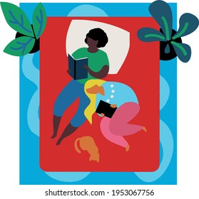 Two women lying on a bed, reading a book and a tablet, EPS 8 vector illustration