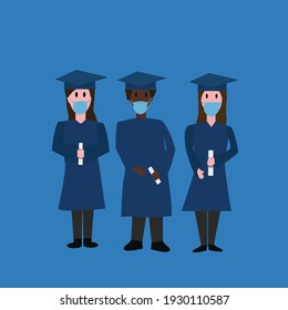 two women and a man of African descent wearing face masks graduates with diplomas in their hands on blue background