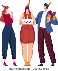 Two women and a man celebrating, female holding birthday cake with candles, man with gift box, wearing party hats. Birthday party celebration with friends vector illustration.
