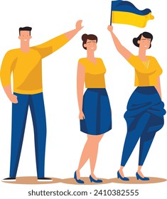 Two women and a man holding a Ukrainian flag, standing together in solidarity. Patriotic group showing support for Ukraine vector illustration.