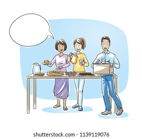 Two Women And A Man, Parents Or Friends, Serving Or Selling Coffee And Cake At A Charity Or School Event. Hand Drawn Blue Outline Line Art Cartoon Vector Illustration. 