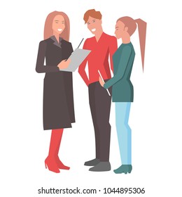 Two women and man standing and holding reports isolated on white. Guys ready for action. Woman s hand keeping paper and pen or pencil. Vector illustration of startups flat design cartoon style.