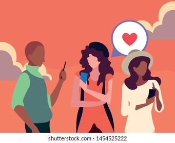 two women and man using smartphone