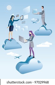 Two women and a man are working in the sky between clouds. they are working on the sky with computers and tablet, connected to Internet and are accessing cloud services.